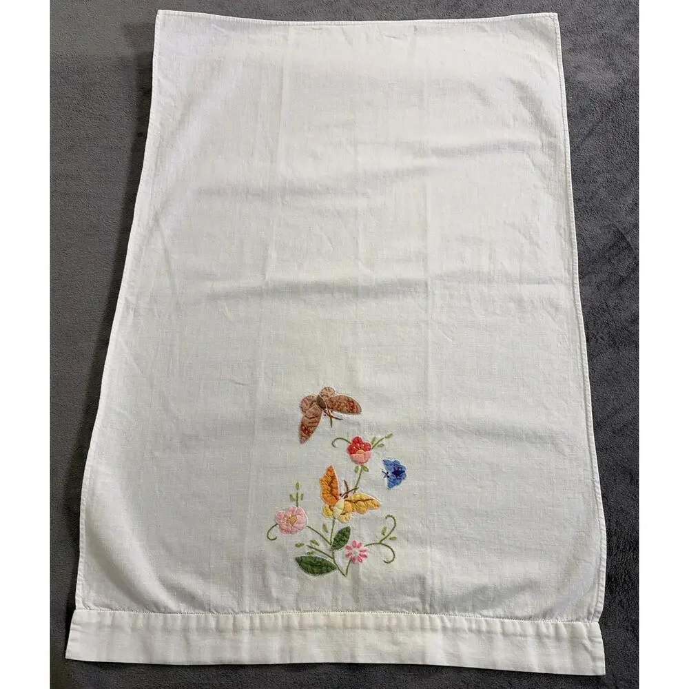 2 Vintage Floral Hand Embroidery Appliqué Cotton Guest Towels - Butterflies